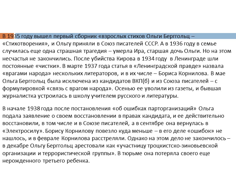 В 1935 году вышел первый сборник «взрослых стихов Ольги Берггольц – «Стихотворения», и Ольгу